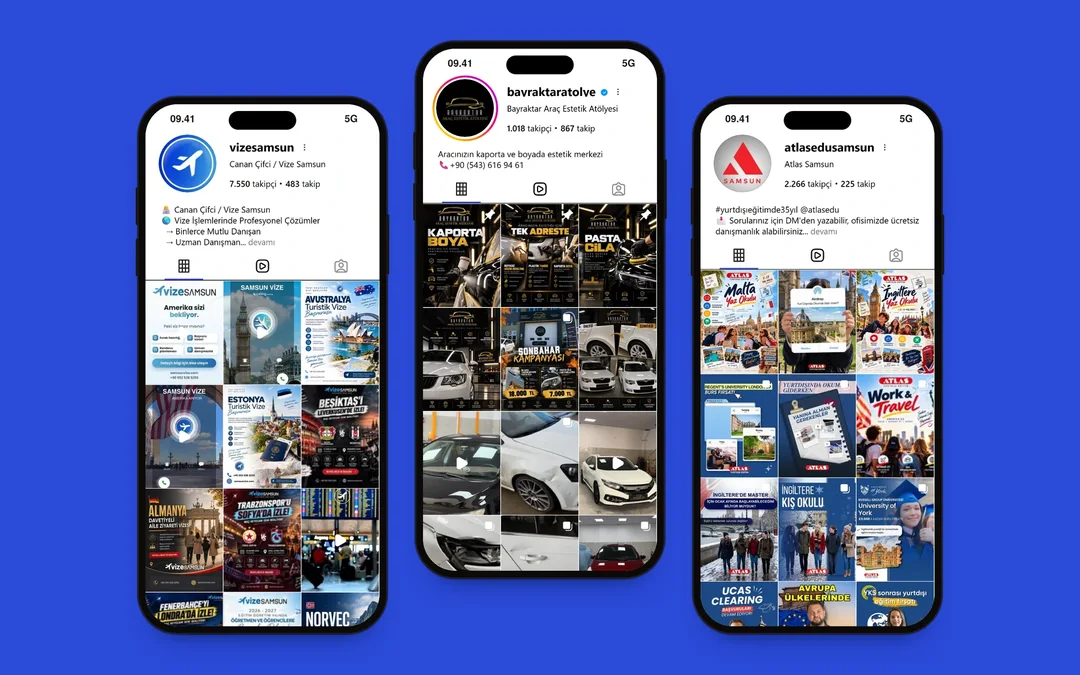 Vize Samsun, Bayraktar Araç Estetik Atölyesi ve Atlas Yurtdışı Eğitim Instagram profilleri telefon ekranında